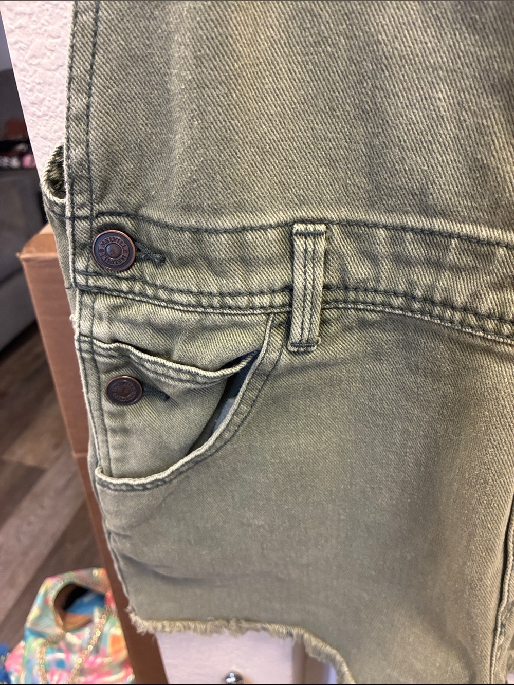 Melville 100% cotton green denim short overalls w/ a distressed, frayed hem. - Picture 7 of 14